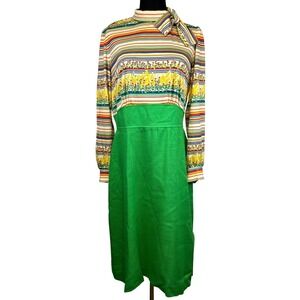 Vintage Leslie Fay 70s Striped Floral Midi Dress Retro Mod Career Made in USA